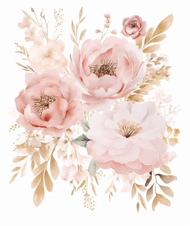 dreamy bohemian watercolor peony flowers clipart, dusty PINK WILDFLOWERS, modern STYLE, fairy style, accent gold color, watercolor touch, A dusty pink floral card with gold accents, with elements of leaves, wildflowers, elegant, light, airy, fresh, classy, modern, minimalist design, no borders, the overall aesthetic exudes luxury modern, no text or writing, includes blank space for text and writing, WHITE background, watercolor splashes, FOR CARD, hd, white background: