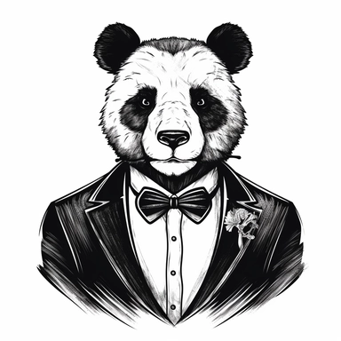 2D Black logo on a white background. Black and white Panda Man Hybrid . Neck lace, cigar, mafia. Determinated eyes Clipart. NO SHADING. KEEP THE LOGO SIMPLIFIED