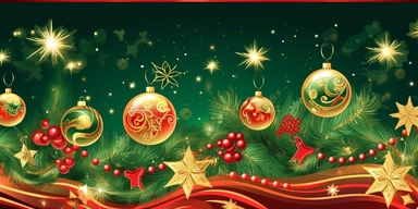 Christmas red and green with bokhe background, festive horizontal border. Golden bell. Assorted ornaments, green gold glass balls, stars, snowflakes, fir tree twigs, candy cane. Winter holiday clip art. Seasonal decor