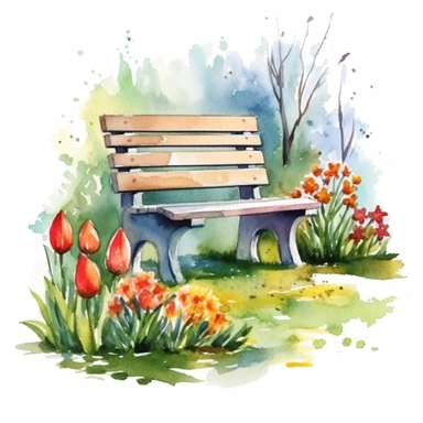 clipart, isolated on white background, Watercolor Spring beautiful ornated wooden bench, flowers and grass and plants, ornated, vivid and vibrant and saturated colors
