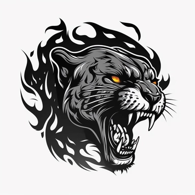 angry panther with open mouth and big flames, logo, clipart style, simplified, black and white