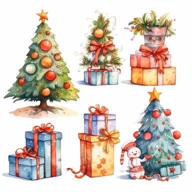 Watercolour cartoon style christmas clipart variations, simple, vector, 8k