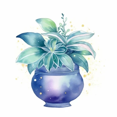 A dreamy watercolor clipart image featuring an ethereal house plant in a celestial pot. The plant's delicate leaves and flowers, painted with soft pastel hues and graceful brushstrokes, create a sense of enchantment and wonder. The pot, adorned with celestial motifs and shimmering watercolor effects, adds a touch of magic to the composition. This mesmerizing clipart is perfect for designs that aim to evoke a sense of fantasy and whimsy, infusing them with a celestial charm. /clipart