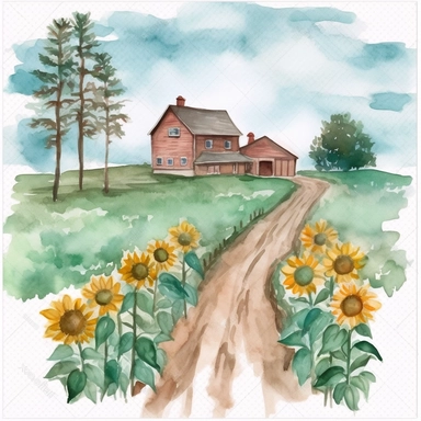 sunflowers growing along a country path with an old farmhouse in the distance watercolor clipart no fonts no letters no words