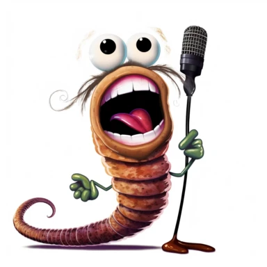a long earthworm with a mustache singing in a microphone clipart white background