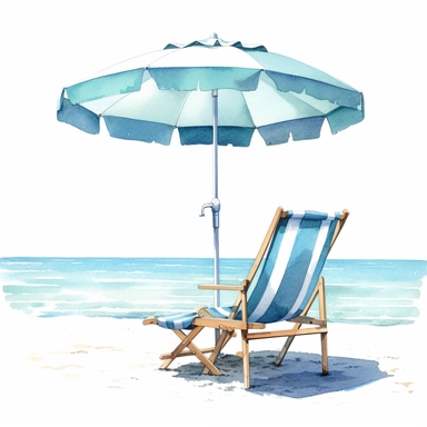 watercolor, hyper realistic, white background, white margins, 16k, ultra detailed clipart, cut out image, hand-drawn, whimsical manhwa style, ultra HD, sharp and clean art a sun lounging chair and umbrella on a pristine white sandy beach, overlooking the turquoise sea. Color Scheme: Shades of blue and white, inspired by the iconic colors of Santorini's architecture and the Aegean Sea.