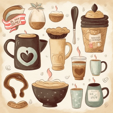A charming coffee clipart set capturing the cozy and comforting aspects of coffee, including a warm coffee mug with steam rising, a heart-shaped coffee bean, a spoon stirring sugar into a cup, and a cozy knitted coffee cozy, Artwork, digital illustration with a whimsical and hand-drawn style,