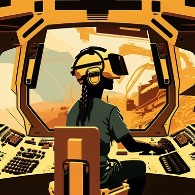 excavator cockpit, worker wearing vr headset, virtual reality hmd, poster, simplistic, abstract, vector, 2d illustration, clipart, few colors