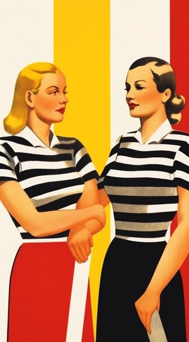 cartoon clipart of two women, in the style of horizontal stripes, working-class subjects, photo taken with ektachrome, yellow and red, 1940s–1950s, cottagecore, 1860–1969