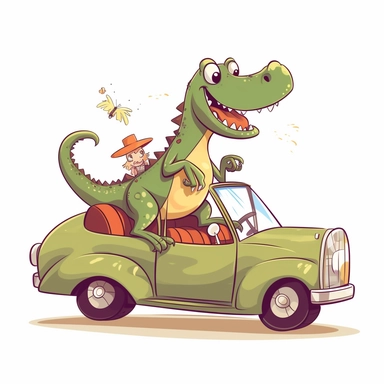 Character Dinosaur rides in a convertible, car without a roof, no background, kids style, 2D, vector, good quality, Pixar children's book illustration, vector, cartoon character, hand drawing, clipart
