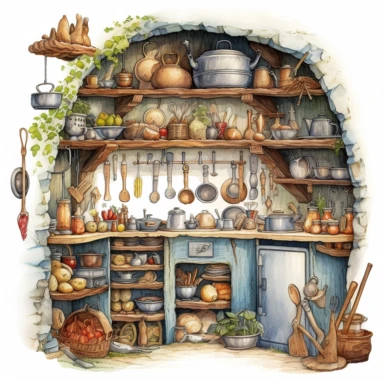 A hyper - detailed illustration watercolor clipart of a whimsical kitchen of a fairy house built out of natural materials by a human, complete kitchen utensil and kitchenware and foods in preparation watercolor illustration, illustration style a combination of Beatrix Potter and Tove Jansson, isolated on white background with margins, cut - out images, zoom on table , close up view