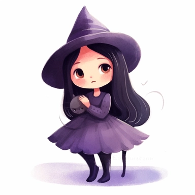 Mona the little witch, a little witch character, playing with a cute black cat, watercolor children's book illustration style clipart, simple, cute, full colour, purple witch hat, dark purplish hooded dress, black shoes, dark purplish clothes, long black hair, flat colour,