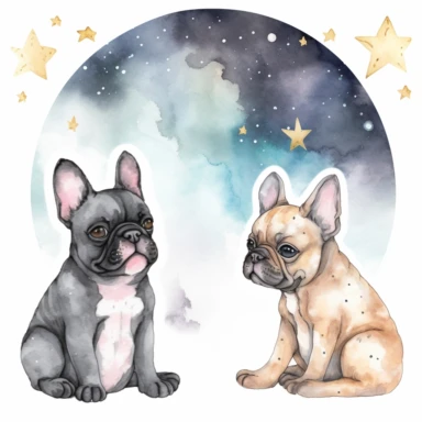 celestial watercolour French Bulldog clipart, on white background, stars, nebula, moon, galaxy, soft colours