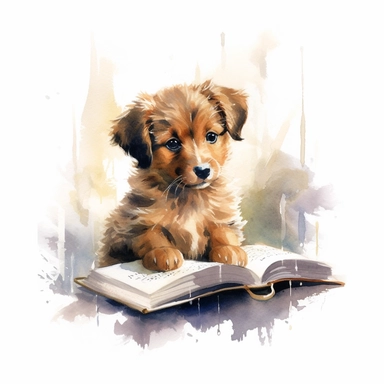 A cute puppy reading a book, watercolor painting by Thomas W. Schaller, clipart, white background