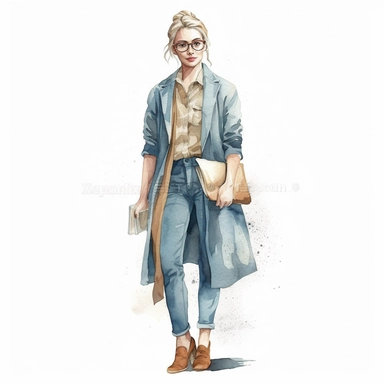 watercolour clipart of a beautiful woman class teacher, full length, high quality, very high details , white background