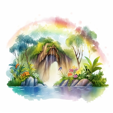 a watercolor of a rain forrest scenery with rainbow, realistic fantasy Style, vector free clipart illustration, in the style of unreal engine 5, 32k uhd, detailed features, white background