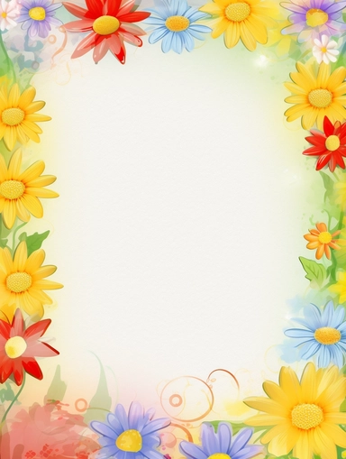 narrow vignette along the sides and the corners of the picture, little cute wild bright clipart smiling faces and flowers vignette, soff pastel blank center of the picture,