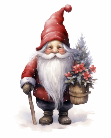 create a high quality watercolor clipart of a christmas gnome on the white background. The image needs to be high resolution