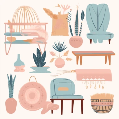 I want to create minimalistic modern boho clipart assets in the style of vector illustration. The assets need to follow a consistent color theme and overall theme, with a dominant pastel color scheme including pink, blue, and yellow. The clipart assets should depict household items such as furniture and kitchenware, with a modern and minimalist mood or theme. The level of detail should be highly realistic and intricate, with a delicate watercolor effect. The clipart assets should be set in a bri
