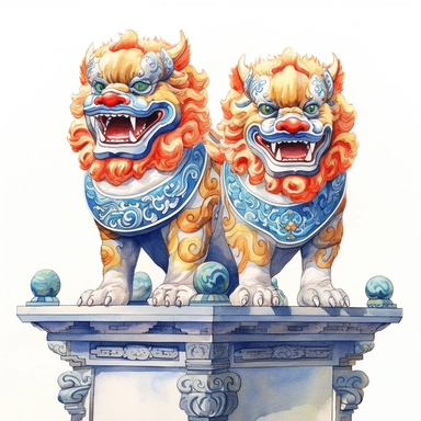 a fine art detailed water color painting of male and female chinese temple foo dogs facing each, on a white background as sticker, Clipart