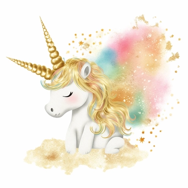 one gold glitter unicorn clipart with a rainbow an fluffy gold clouds,, white background