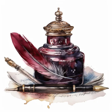 watercolor, hyper realistic, no background, have margins, 8k, ultra detailed clipart, no text, no logo, no trademark a victorian-style inkwell and a quill pen, burgundy