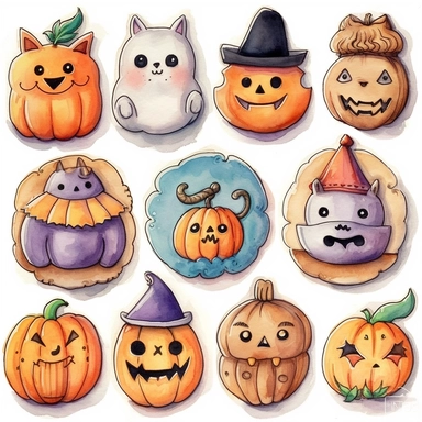 whimsical watercolour cute clip art Halloween decorated cookies