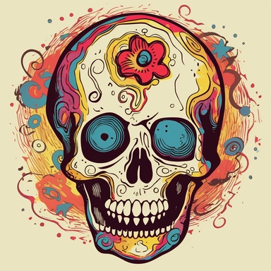 reate a clipart-style illustration of a skull with a Grateful Dead-inspired design, where colorful images are placed only on the skull itself, resembling tattoos. The skull should have an expression that appears to be laughing or joyful, adding a playful element to the artwork. Begin by sketching the outline of a skull, focusing on capturing its distinct features such as the eye sockets, nasal cavity, and jawline. Keep the lines clean and simple, adhering to the clipart style. Within the confine