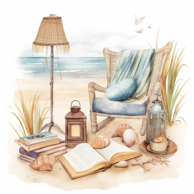 Beach Reading Nook clipart, Coastal Reading Corner, Beach Boho, watercolour style, by the beach
