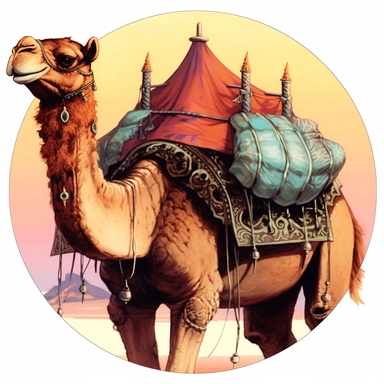 Akira Kurosawa's photograph of a camel with tent saddle, Josh Kirby Mad Max Lord of the Rings, enamel punk zine indie retrowave, clipart illustration, circular solid background circular border