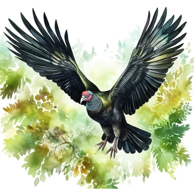 Clipart of turkey, a large black turkey is flying over a lush green forest, full body, made of feathers, watercolor painting, white background, featured on pixiv, computer art, watercolor, digital illustration, detailed painting, realistic