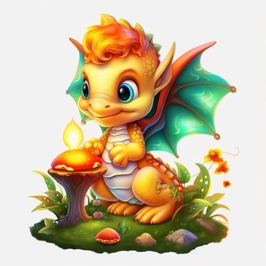 illustration of cute baby dragon in a magical forest, eating a mushroom, clipart svg, white background
