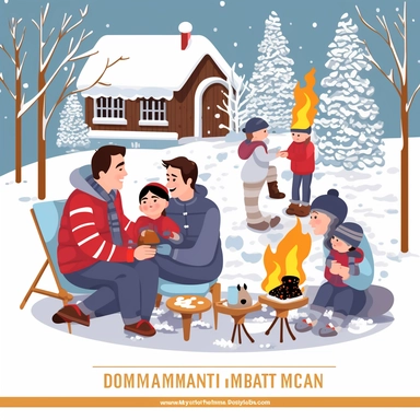 Design a clipart set depicting parents enjoying a cozy and warm moment with their children. Add images of parents cuddling their children while reading a book or watching a movie, families enjoying a hot cocoa together, or spending time around a fire pit. Include images of outdoor activities like making snowmen and snowball fights, and even indoor activities like baking and board games.