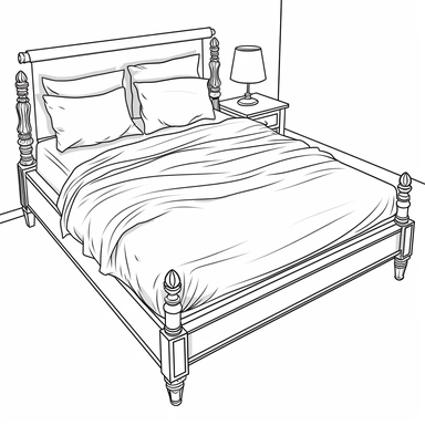 bed, b&w lineart, minimalist style, white background, full body, picture, coloring book style on white background, well composed, clean coloring book page, No dither, no gradient, strong outline, No fill, No solids, vector illustration, clipart, simple, cartoon –ar 9:11 –v 5