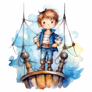 Cute little pirate boy standing on his pirate ship blue watercolor Clipart
