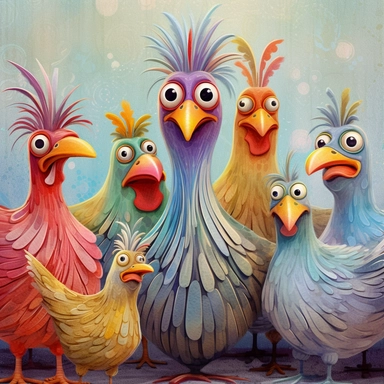 Whimsical magical wacky chickens, in a barnyard, muted colors, swirls, twists, twirls, metallic, glitter, stylized, funny, centered, airbrushed, digital oil, detailed illustration, clip art, cartoon, 8k,-- ar 9:8