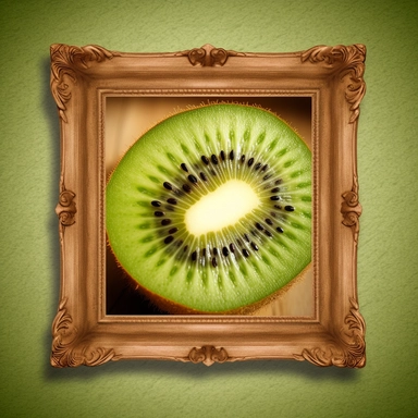 open kiwi fruit wall art clipart image which has a sun in the backround is in a picture frame