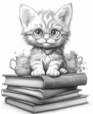 cartoon kitten with glasses sitting on books clipart illustration coloring pages, in the style of highly detailed realism, alson skinner clark, cluj school, david yarrow, jeremiah ketner, science-based, precisionist lines