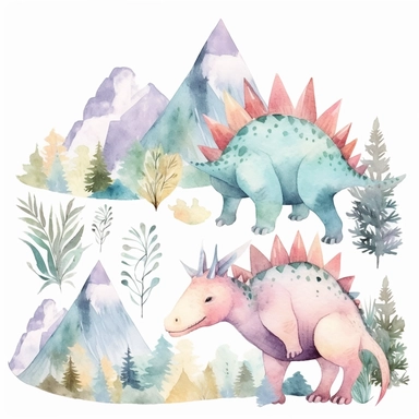 friendly, fluffy watercolor dinosaurs clipart, pastel colors, in the mountains, forest, separated, seamless, transparent background--AR 3:2
