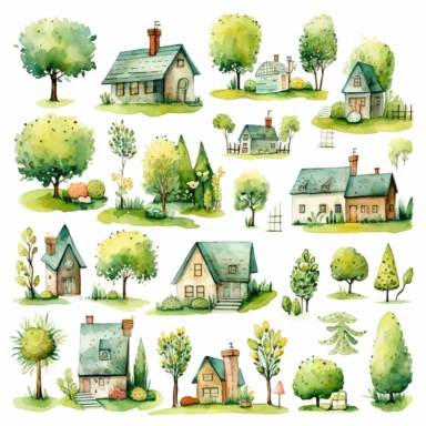 simple cartoon watercolor Lawn clipart set