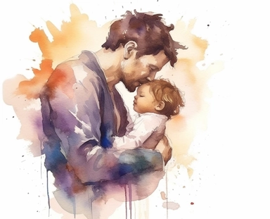 Watercolor Fathers Day Clipart, grown son cherishing father, white background, 32k,