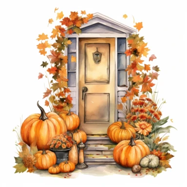 vector watercolor cute Fall Autumn vintage Autumn porch with fall autumn flowers and pumpkin decor clipart on white background, fall, vintage holiday autumn porch, photorealistic, ultrarealistic, no background, on white