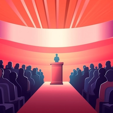 corporate clip art style background animation podium on a stage with a crowd below listening inside a university color blocked no facial features