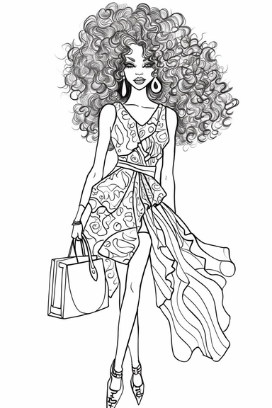 Coloring pages for adults, clean lines, beautiful african american women, afro, one flower in hair, clipart, fashion, full body, purse, heels, pantss, skirts,, necklace, shirt, handbag, boss