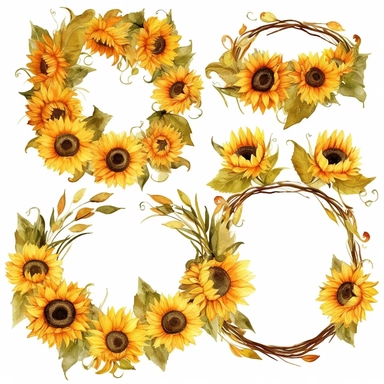 An eye-catching and delightful set of watercolor clipart showcasing sunflower wreaths. The artist masterfully captures each sunflower's unique features, such as its radiant yellow petals and deep brown seeds, using intricate detail and fluidity in the watercolor medium. The wreaths come in various designs, each one a celebration of the sunflower's sunny disposition and stunning beauty. The watercolor technique is used to give each sunflower a lifelike, almost tactile quality, adding to its appea