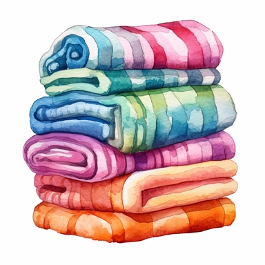 watercolor stack of striped beach towels, gem stone colors, clipart on white background