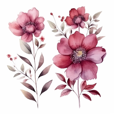beautiful dainty burgundy flowers, mauve, boho watercolor clipart, solid white background, hard edges, smooth