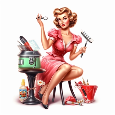 beautiful pretty pin up woman, makeup and hair 50's style, diferent poses,maid dressed, paint art style, cleaning lamps and furniture 50's style, detail, clipart, white background, superrealistic, one of a kind .