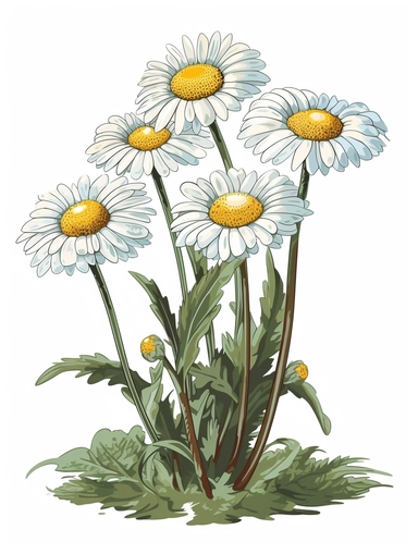 Isometric Sticker Clip Art of daisy flowers, Bellis perennis, long stem, children friendly, illustrated in a playful and realistic style, perfect for any special occasion, cut out in the shape of daisy flowers, with no visible background, giving it the appearance of a sticker, conveying a mystical and whimsical mood, edited with Adobe Photoshop to adjust brightness and contrast, rendered as a transparent PNG file with a high resolution to ensure a crisp and clear image with no pixelation, suitab