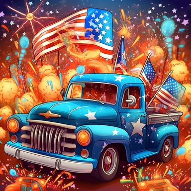 Super cute, American flag with vehicles and firework Sublimation Clipart, Cartoon funny, Cute anime, Very detailed, blue skycolorful background